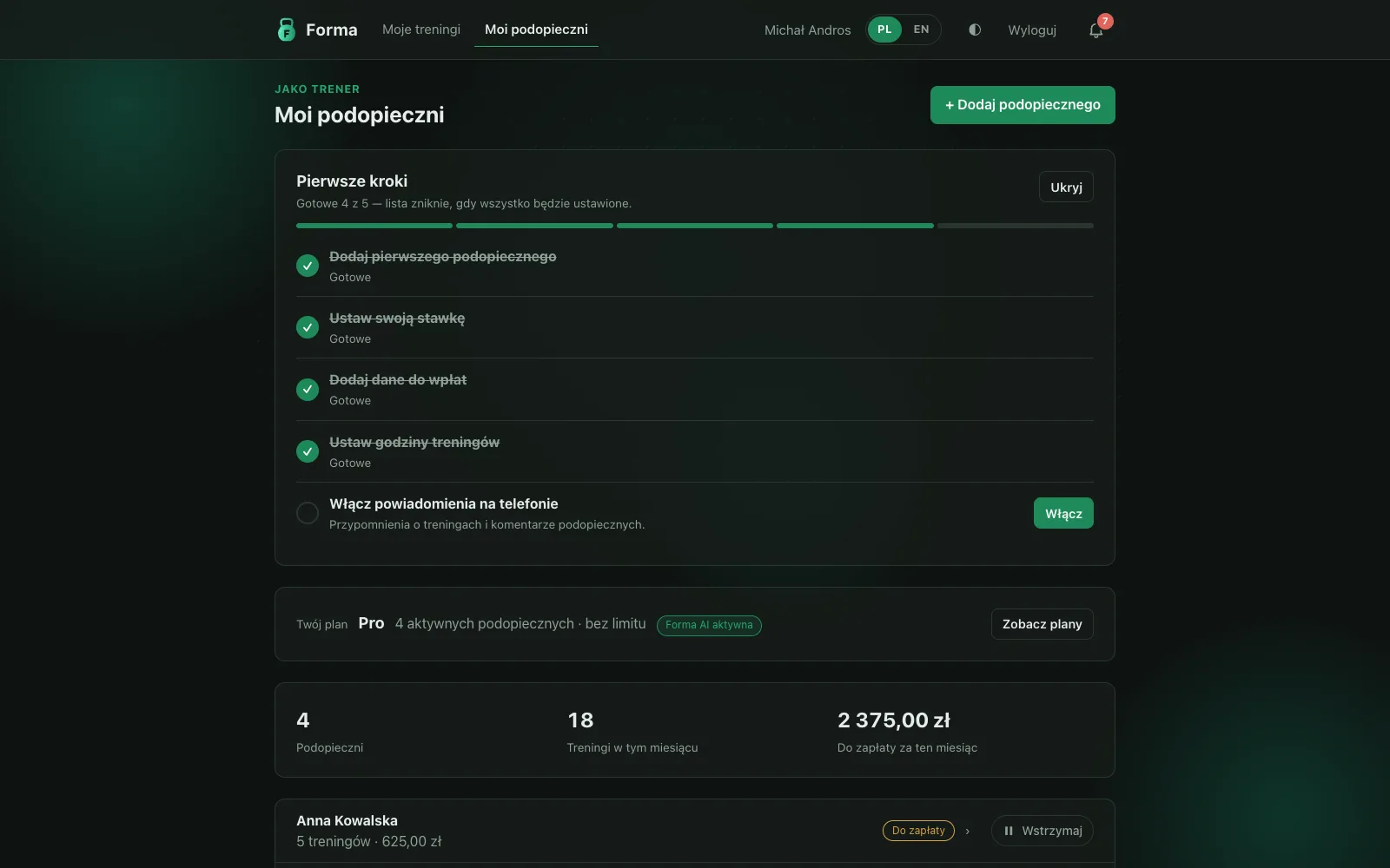 Panel trenera: pierwsze kroki, plan z Forma AI i podsumowanie miesiąca