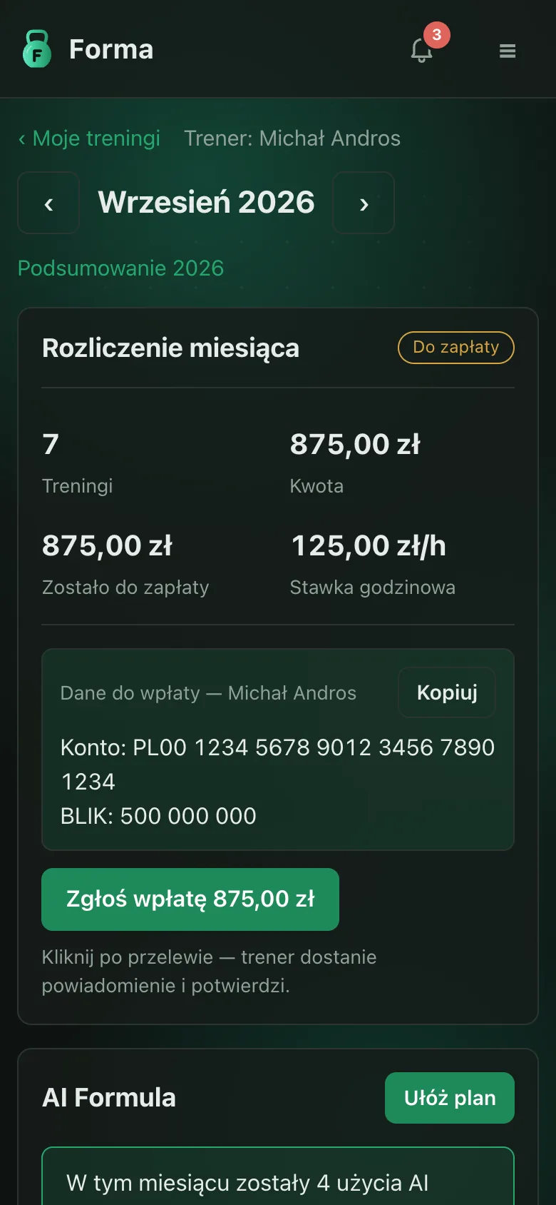 Dane do wpłaty i zgłoszenie wpłaty na telefonie