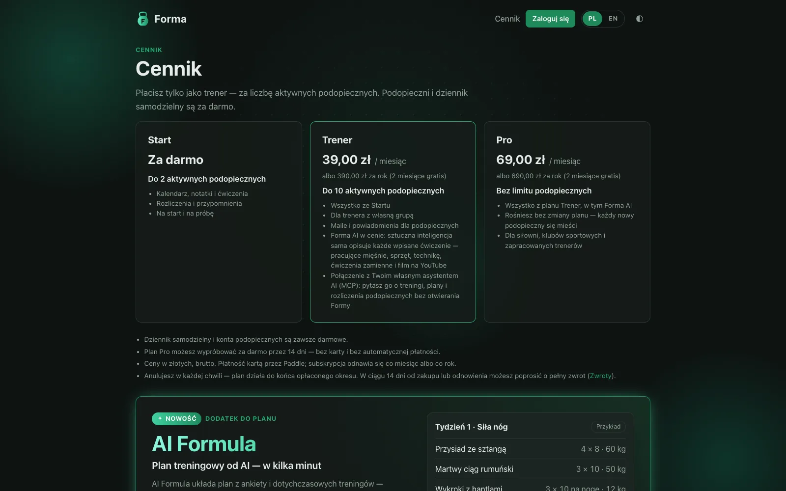 Publiczny cennik: plany dla trenerów