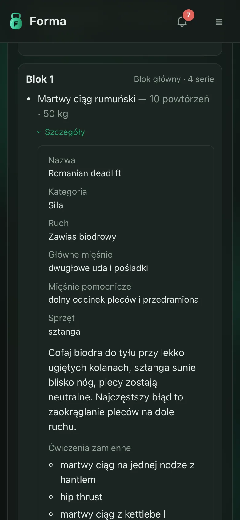 Szczegóły ćwiczenia w treningu na telefonie