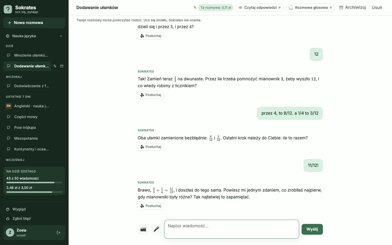 Matematyka po sokratejsku: podpowiedzi i pytania, aż uczeń sam dojdzie do 2/3 + 1/4 = 11/12