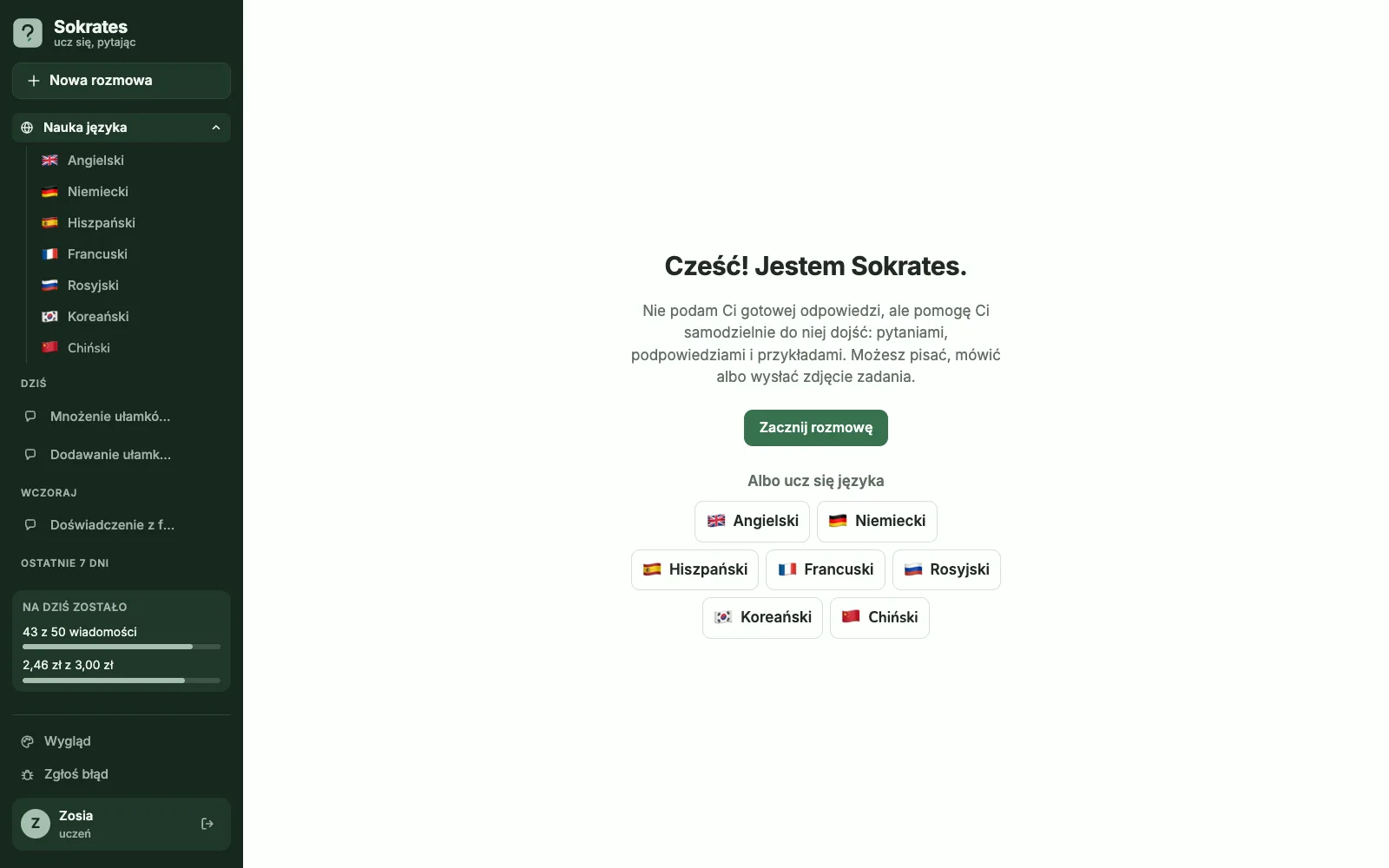 Menu „Nauka języka” z siedmioma językami