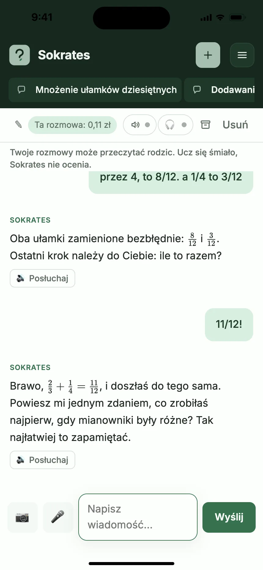 Rozmowa ucznia na iPhonie z kosztem rozmowy