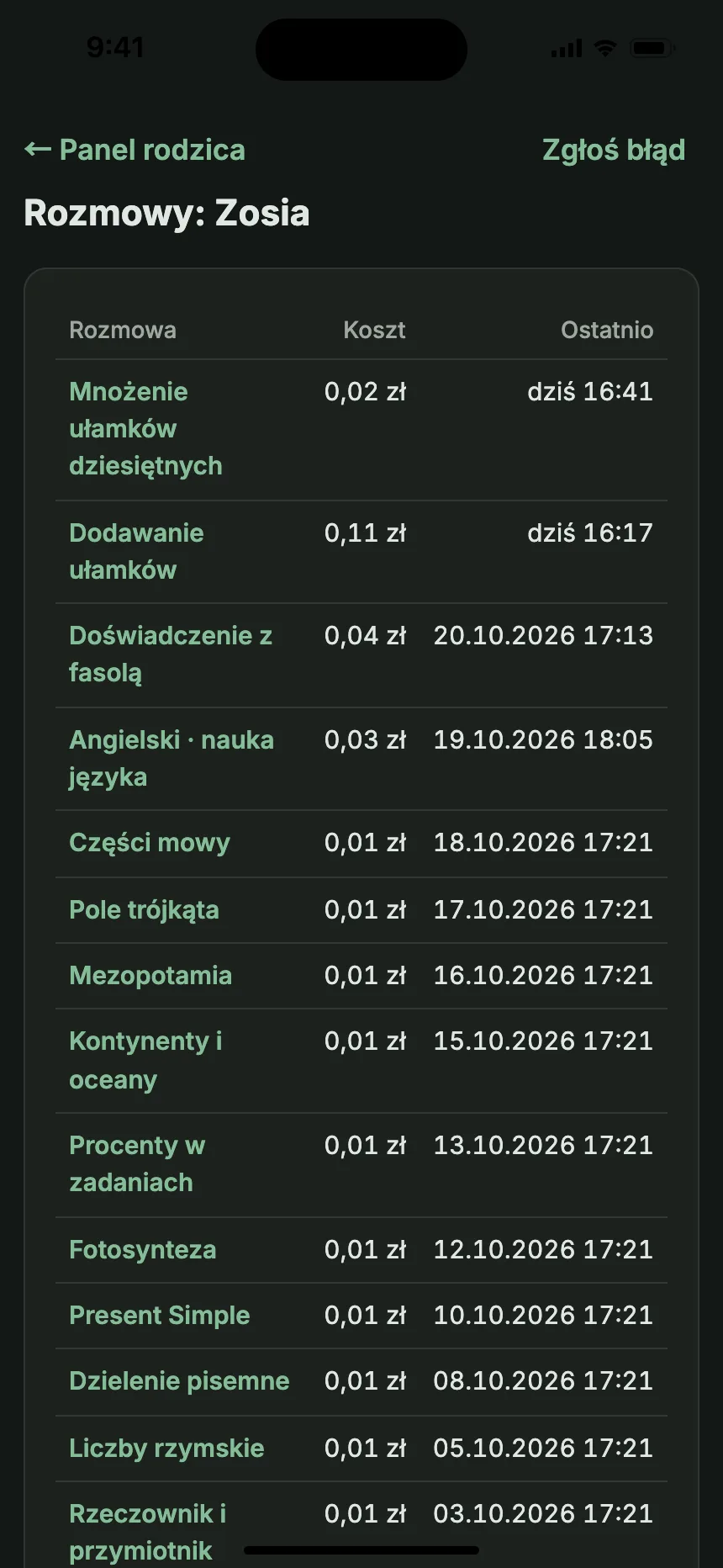Lista rozmów dziecka w panelu rodzica z kosztem każdej z nich