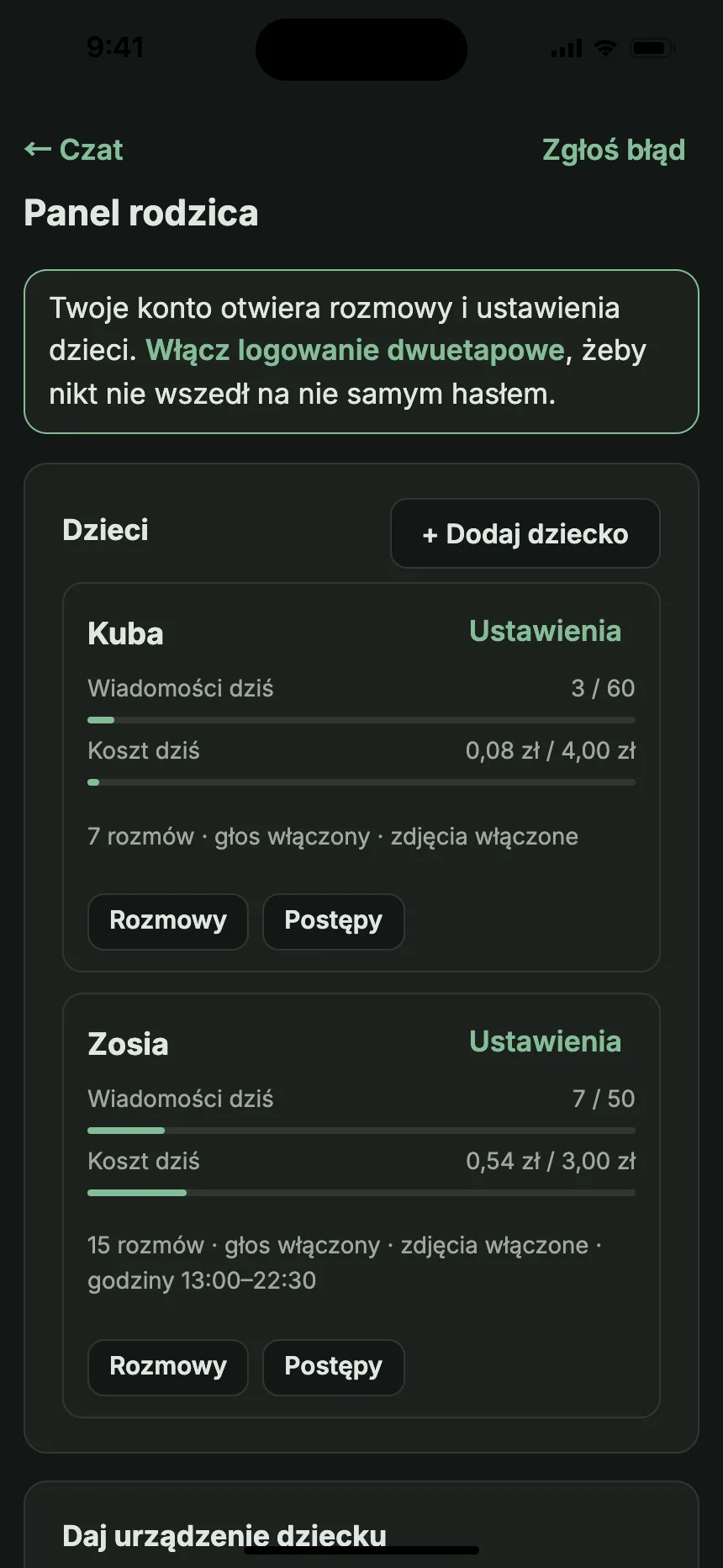 Panel rodzica na telefonie: wiadomości i koszty z dziś